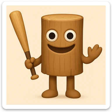 Make the character less human and more like a wooden stump, with a face that closely matches the reference image: large round eyes, wide unsettling smile, and minimal human features. Keep arms and legs, holding a baseball bat. Render in emoji style. sticker