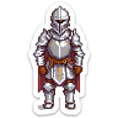 A pixel art knight in armor with a closed helmet, expressing admiration. The knight's arms and legs are in different positions. The image is portrait-sized and has a clear outline. sticker