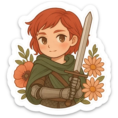 Millicent, chibi style, short red hair, green cloak, prosthetic arm, holding a sword with both hands, surrounded by flowers, gentle and strong sticker