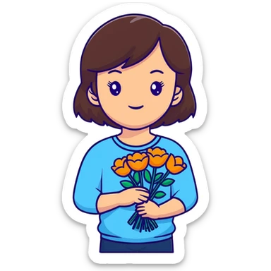 brunette girl with brown hair wearing pastel blue clothes holding flowers sticker
