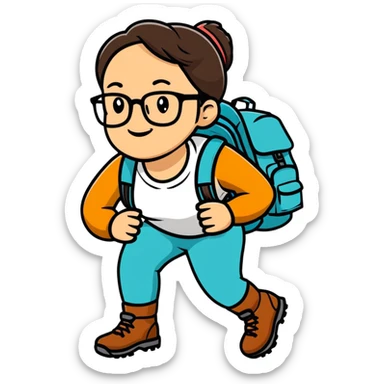 Woman in her late 30s with glasses wearing sporty outfit, hiking boots, and backpack looking happy and curious sticker