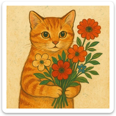 a cat holding flowers, diverse artistic styles, style 1 sticker