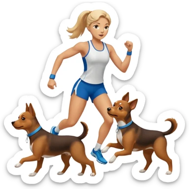 female athlete canicross with two dogs, dynamic pose sticker