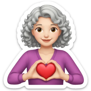 Silver hair, wavy/curly hair chin-length lady giving hug with 2 arms,  v-neck and smiling, add a heart sticker