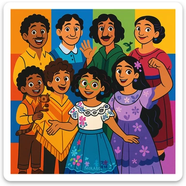 The Madrigal family from Encanto, colorful magical family portrait, vibrant clothing, each character with their unique magical trait, Disney-inspired style sticker