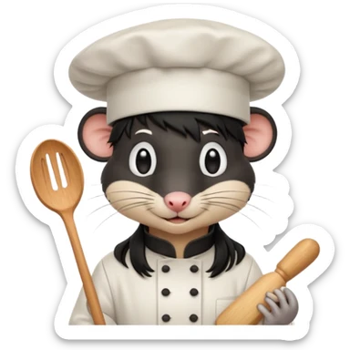 A rat with a fringe, long black hair and chefs hat sticker