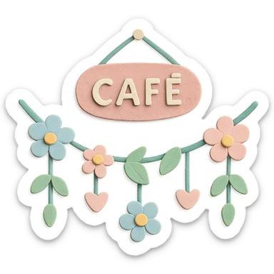 wall floral garland with tiny hearts in a cozy café, soft pastel colors, paper craft style sticker
