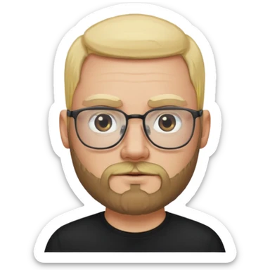 bald blonde bearded man with eyeglasses with black shirt sticker