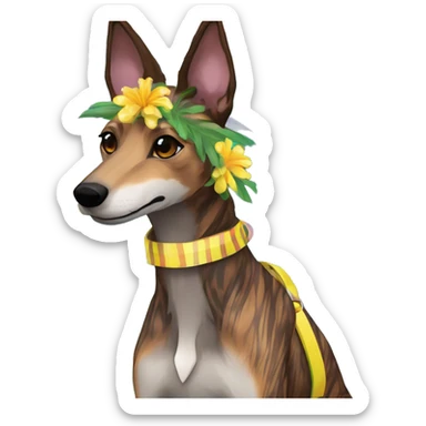  brindle brown black maroon striped lurcher Alsatian fox running blue eyes and iridescent holographic oilslick harness wearing paper iridescent tropical flower crown yellow caution tape sticker