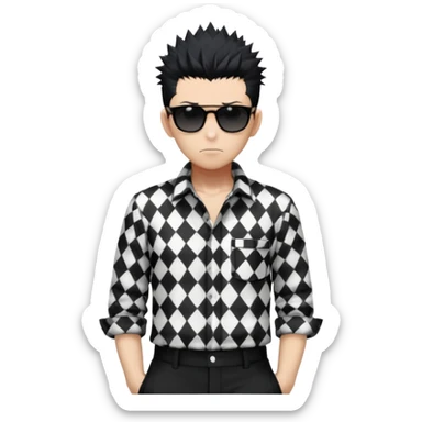 Satoru Gojo from Jujutsu Kaisen with spiky black hair, wearing black and white checkered shirt with rolled-up sleeves, black pants, confident expression, sunglasses on top of head, one hand in pocket sticker