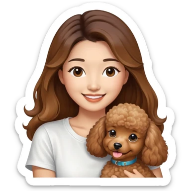an asian lady with long balayage hair with highlights, long lashes, wearing white t-shirt, smiling happily, and holding a brown poodle sticker