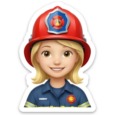 Young blonde girl, firefighter helmet, smiling brightly sticker