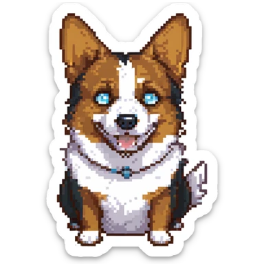 scared anthropomorphic corgi, black fur, white underbelly, left brown eye, right light blue eye sticker