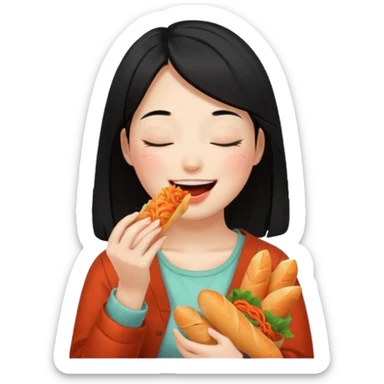 Girl black long hair eat kimchi close eyes baguette sticker