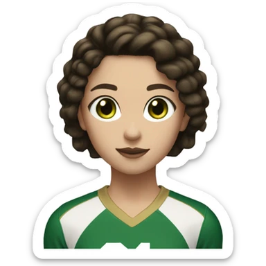 Brunette hair girl with white skin a black and gold volleyball jersey with the number 25 and green eyes sticker