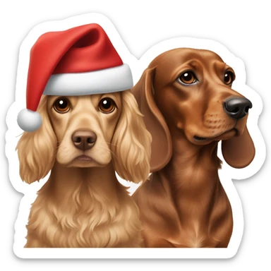 beige cocker spaniel and brown dachshund both wearing christmas hats sticker