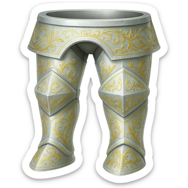 Recolor these platelegs to a very light metallic silver color with ornate gold engravings. Emphasize a bright, reflective silver finish and detailed gold engravings. Transparent background. sticker