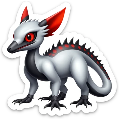 a white and silvery exotic edgy vernid-fionbr-Fakémon-creature, with black belly and red eyes, full body sticker
