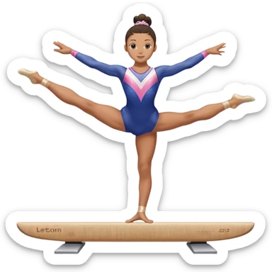 A gymnast performing a flawless routine on the balance beam, showcasing strength and grace. The scene captures the precise, elegant movement with perfect balance and form. The background features a gymnastics arena with vibrant lighting and cheering crowds, emphasizing athleticism and poise. sticker