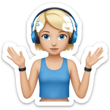 girl with blonde and middle short hair and blue eys with heands telling what, having heaphones on head, and short  sticker