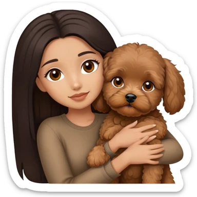 beautiful woman with dark long straight hair and brown eyes hugs a brown maltipoo  sticker