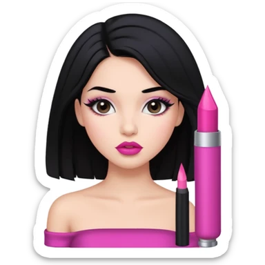 a girl with black hair who just got a blowout and her makeup is on point and she’s wearing a dark lip liner pink lipstick lip combo and wearing a black tube top sticker