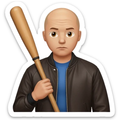 Bald Russian 1990s gangster emoji, leather jacket, , serious face with a bat sticker