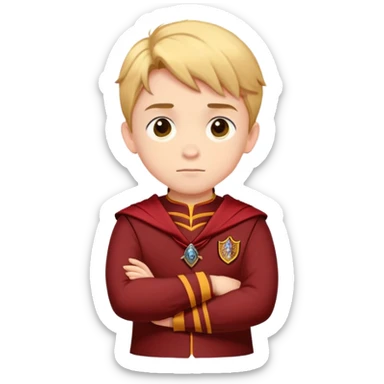 A young boy slightly to the side looking forward with crossed arms wearing the Gryffindor uniform sticker