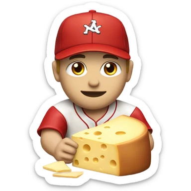 Caucasian Baseball player with red hat and red jersey eating cheese sticker