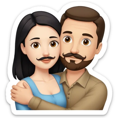 Tall white man with brown mustache goatee AND a short pale woman with long black hair, hugging sticker