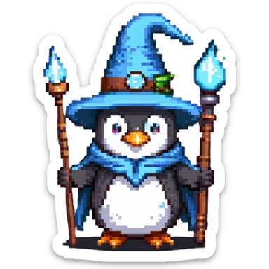 penguin wizard with a pointy hat and magic staff sticker