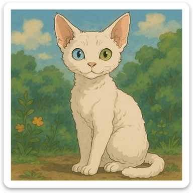 a white devon rex cat with one green and one blue eye each sticker