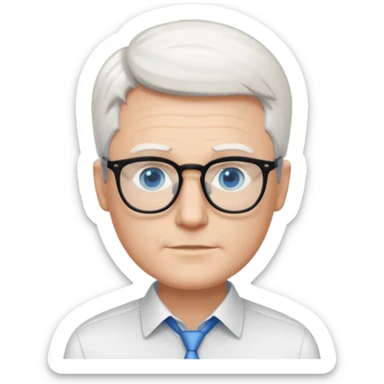 Thin white man, short white hair, black thin glasses, white shirt, blue eyes, ceo sticker