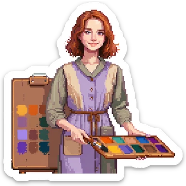 Serene female oil painter, Caucasian features, shoulder-length auburn hair, soft brown eyes, gentle smile, wearing a violet painter’s smock lightly stained with paint over a beige blouse, holding a wooden palette with vibrant colors in one hand and a brush in the other, waist-up, front-facing sticker
