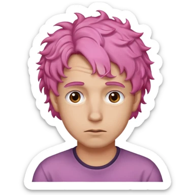 A light-skinned man with moderately curly pink hair, brown eyes and a slightly uneasy expression. sticker
