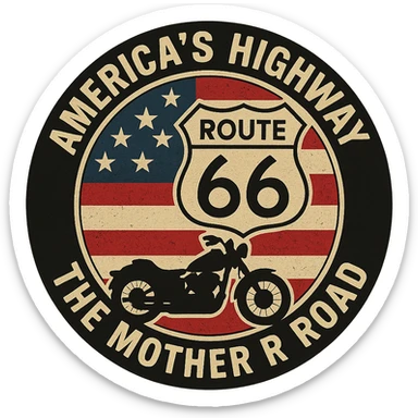 circular design for motorcycle cap, transparent background, text 'AMERICA'S HIGHWAY - ROUTE 66 - THE MOTHER ROAD', motif: Route 66 sign, motorcycle, American flag, iconic style sticker