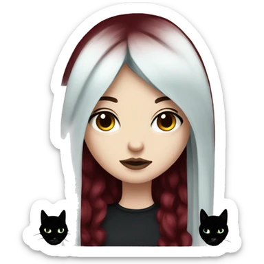 Pale girl with black eyeshadow and long burgundy red colored hair with an emo haircut and layered holding a black cat sticker