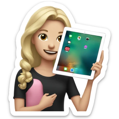 Apple grey ipad in girls hands (blond Girl whole height pinky lips greenish eyes wearing black top) sticker