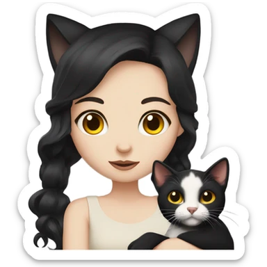A girl with white skin, mid long auburn and black hair, holding a black cat with yellow eyes sticker