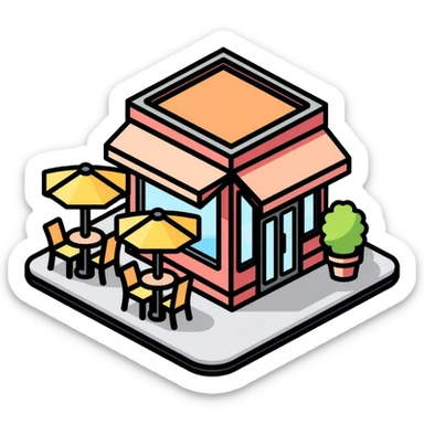 isometric corner cafe shop with outdoor seating and umbrellas sticker