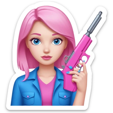 White Girl hand pink nails holding pink gun with blue eyes sticker
