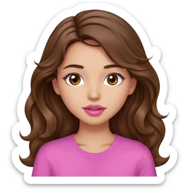 girl with long wavy brown hair, brown eyes, light to medium complexion, in a pink shirt, pink lips, long lashes,kissing sticker