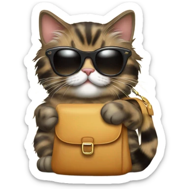Tortishell pattern Siberian cat wearing sunglasses and holding a bag of catnip in one paw sticker