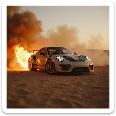 Cinematic shot, Porsche 911 gt3 rs in fire, desert sticker