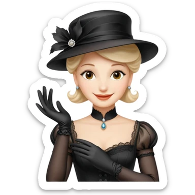Madame Forestier from 'The Necklace' by Guy de Maupassant, upper body, elegant stance, wearing pure silk gloves, a beautiful and elegant laced hat, smiling sticker