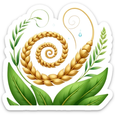 Golden wheat ear floating next to green leaves, surrounding an ethereal digestive system in a spiral form. Small cleansing sparkles flow like a river of light, clearing paths and creating internal lightness. The scene shows fiber's cleansing effect on the digestive tract. sticker