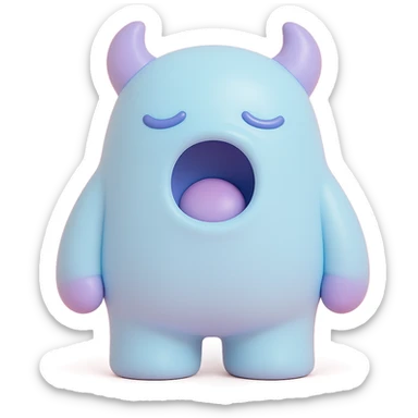 sleepy monster with half-closed eyes yawning, soft blue and lavender colors, toy-like vinyl figure style sticker