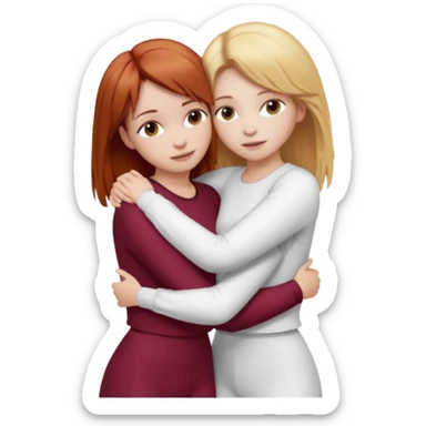 two girls who hug eachother. one has auburn hair with blonde highlights and very pale skin, other has medium-fair skin and blonde hair. first one is wearing white outfit and the second one is wearing a burgundy outfit sticker