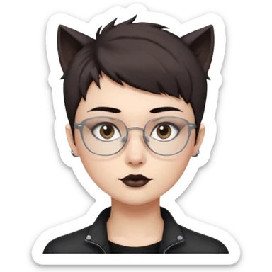 personagem com corte de cabelo o corte de cabelo Wolf cut o nome do corte de cabelos indo até o pescoço, cabelo castanho escuro, olho castanho escuro, sombrancelha castanho escuro, óculos sem aro prata quadrado. rosto fino, meio emo sabe  sticker