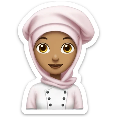 hijabi fair medium skin,  light pink hijab with chef hat on, and white cat sticker